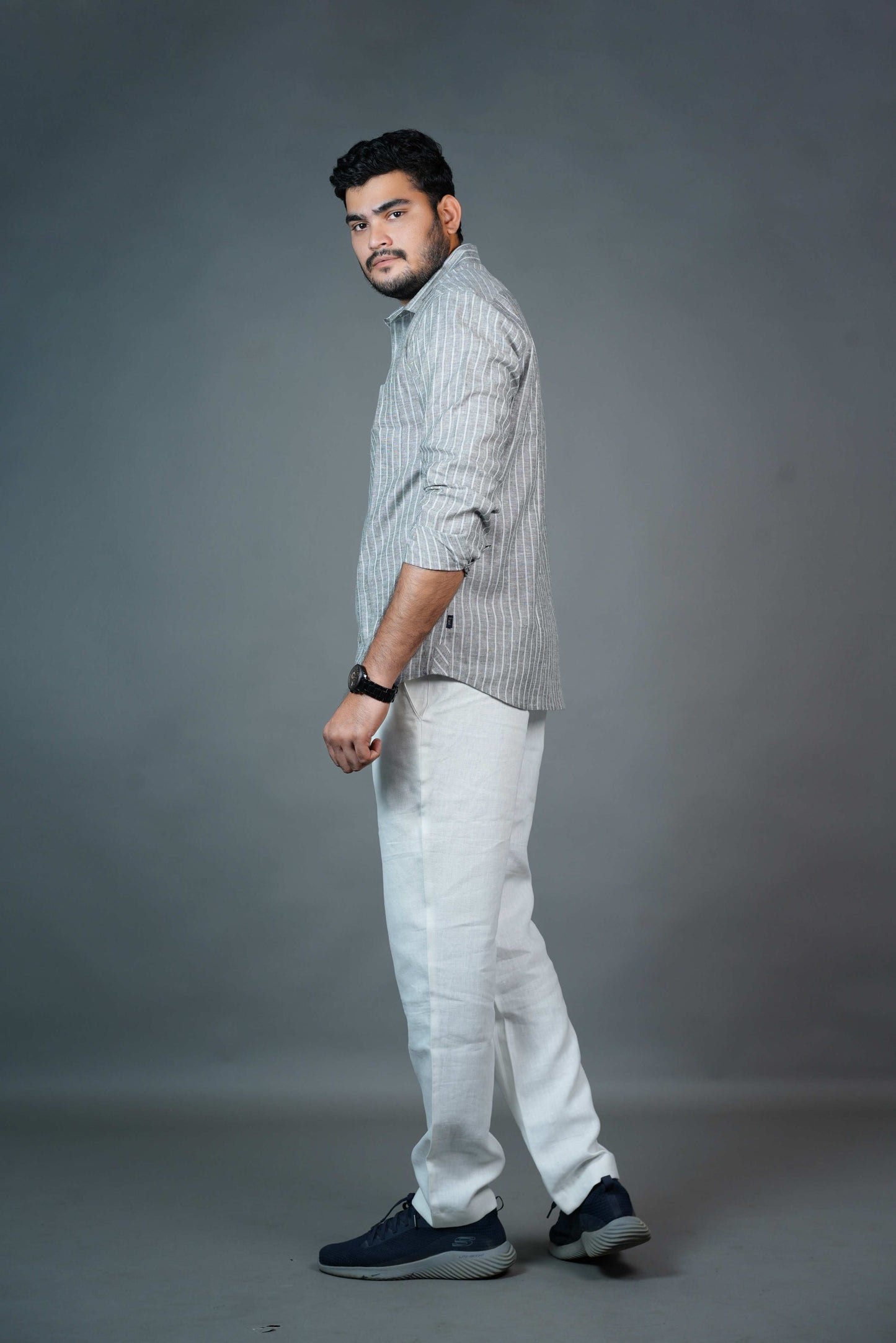 Men’s Linen Shirt – Grey Pinstripe