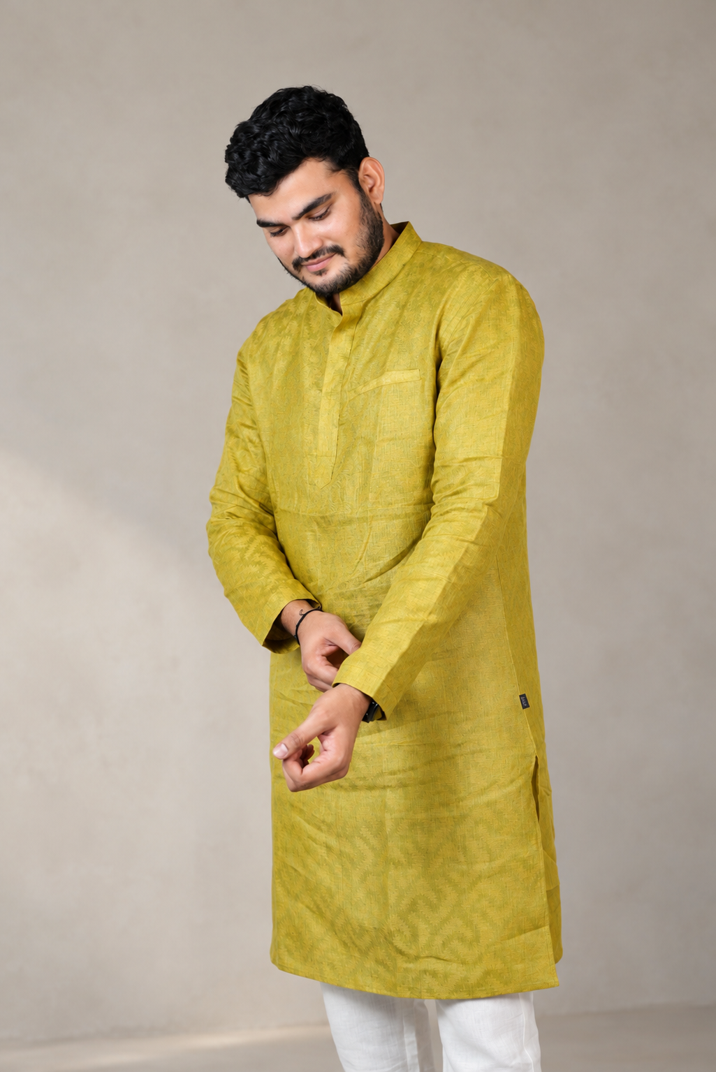KWIT Pure Linen Kurta - Mustard Yellow Jacquard