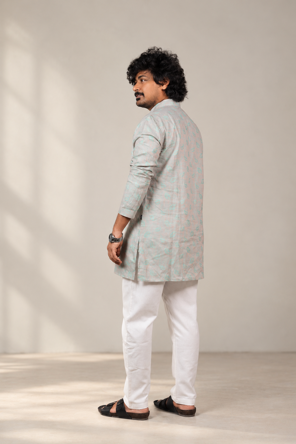 KWIT Pure Linen Kurta - Light grey and Mint Green Jacquard