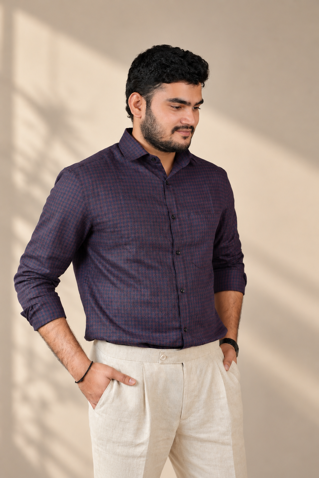 KWIT Pure Linen Shirt - Midnight Plum Micro-check