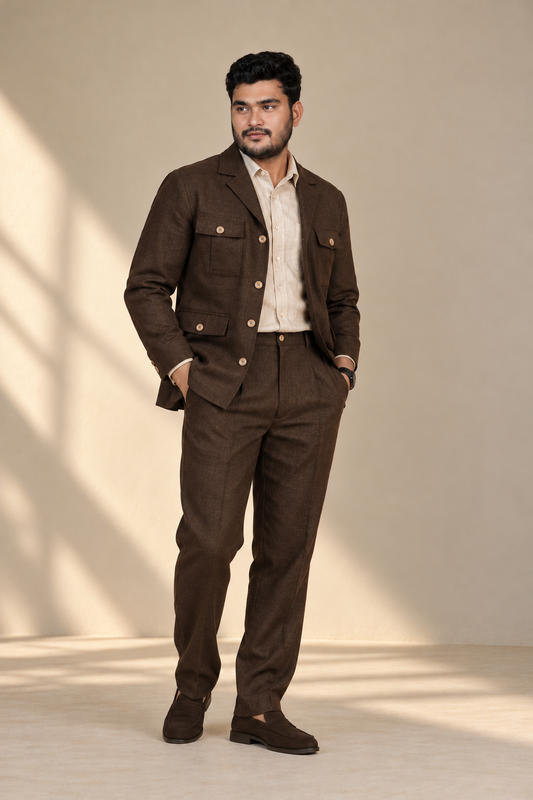 KWIT Pure Linen Safari Jacket - Dark Brown