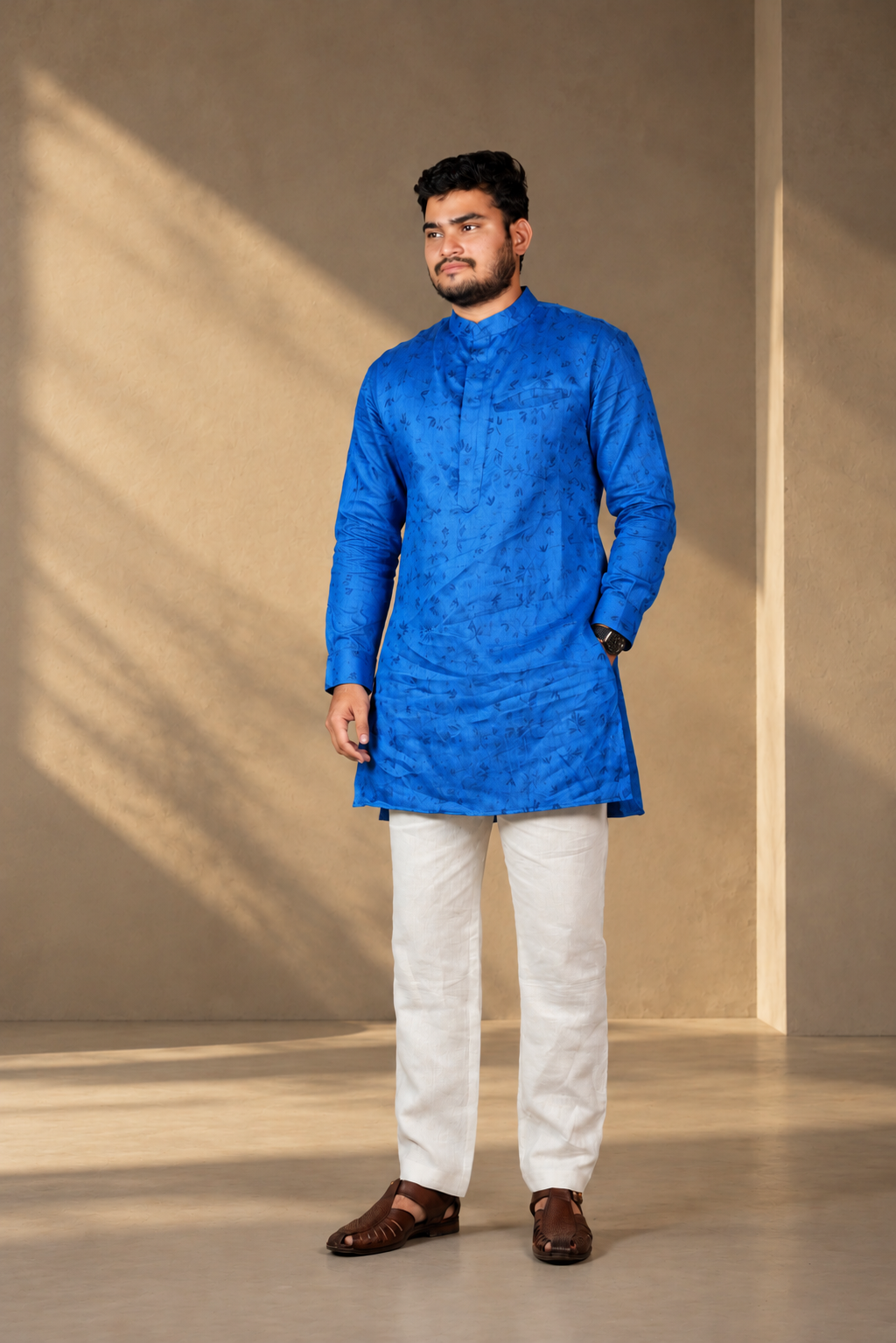 KWIT Pure Linen Kurta - Cobalt Blue Jacquard