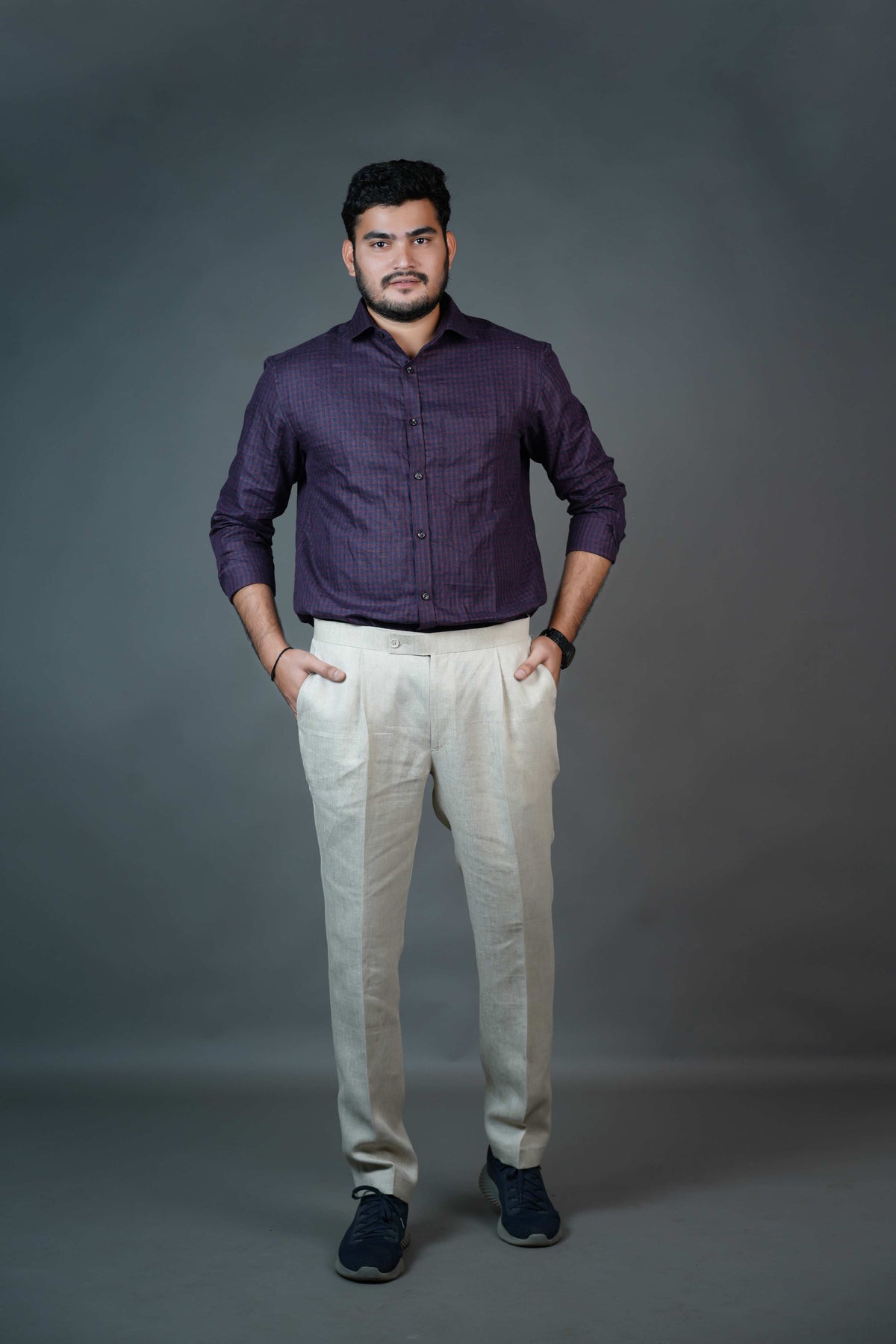 Men’s Linen Shirt – Wine Micro-Checks