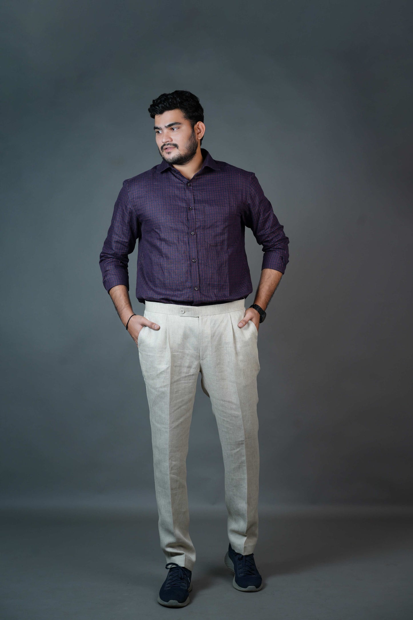 Men’s Linen Shirt – Wine Micro-Checks