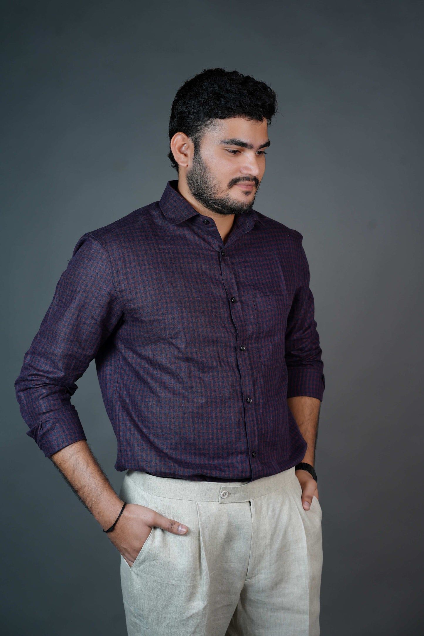 Men’s Linen Shirt – Wine Micro-Checks