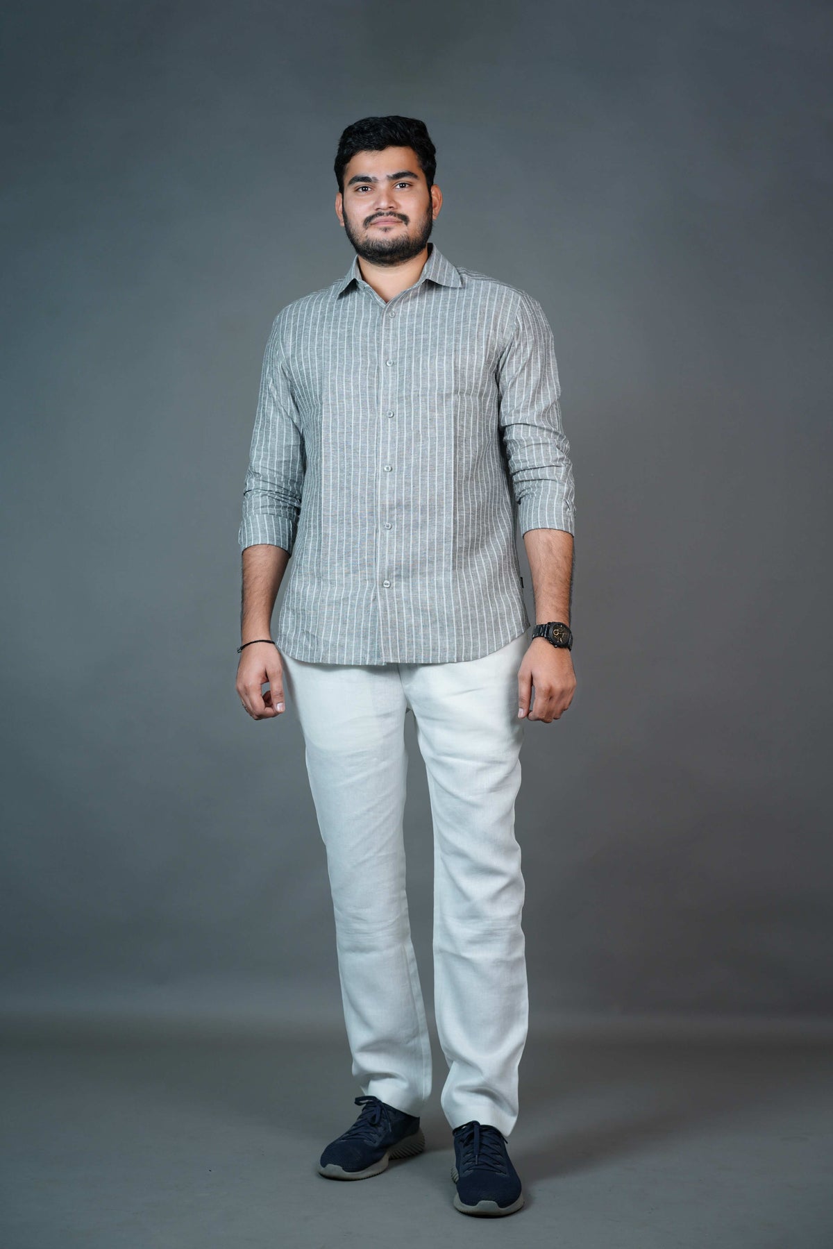 Men’s Linen Shirt – Grey Pinstripe