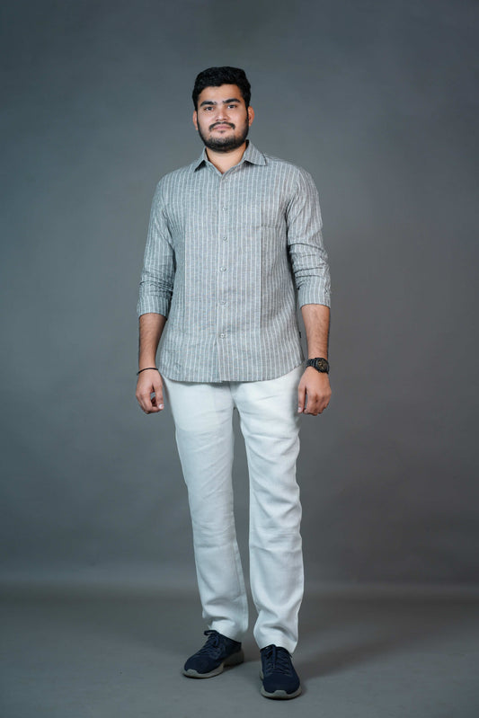 Men’s Linen Shirt – Grey Pinstripe