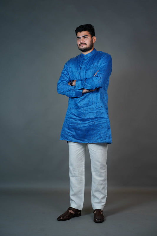 Royal Blue Printed Linen Kurta