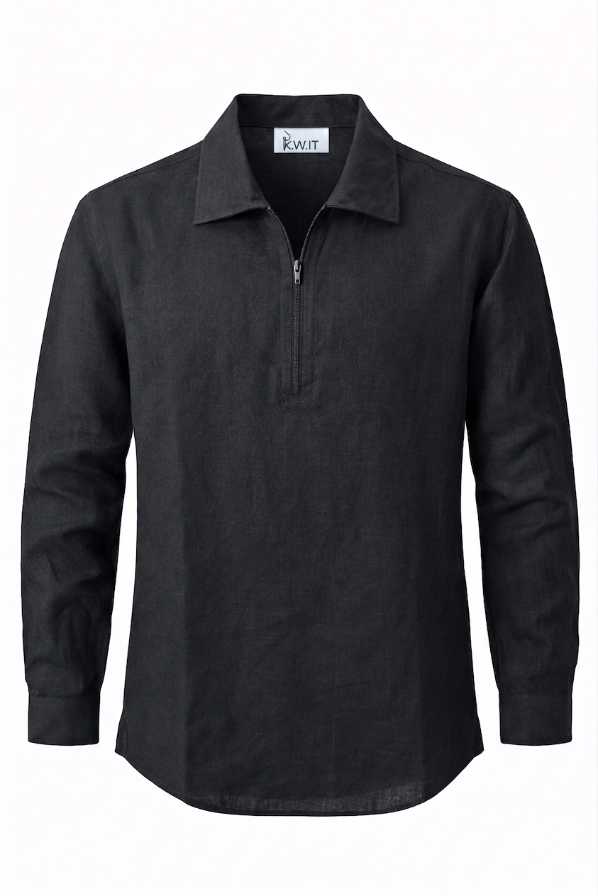 KWIT Pure Linen Half-Zip Shirt - Black
