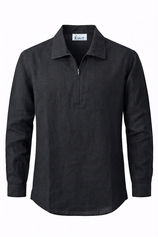 KWIT Pure Linen Half-Zip Shirt - Black
