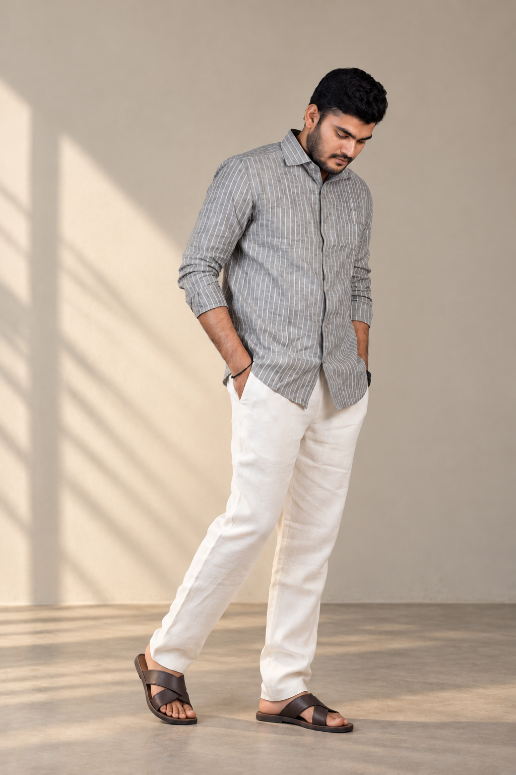 KWIT Pure Linen Shirt  - Grey Pinstripe