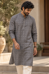 KWIT Pure Linen Kurta - Charcoal Grey Jacquard