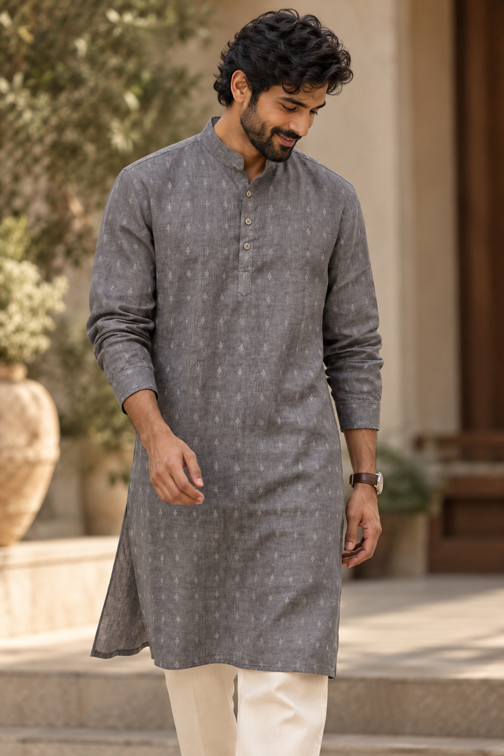 KWIT Pure Linen Kurta - Charcoal Grey Jacquard