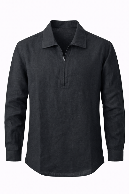Men's Linen Shirt - Jet Black Zip Collar