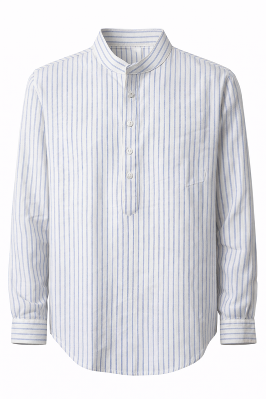 Men’s Linen Shirt - White with Sky Blue Pinstripes