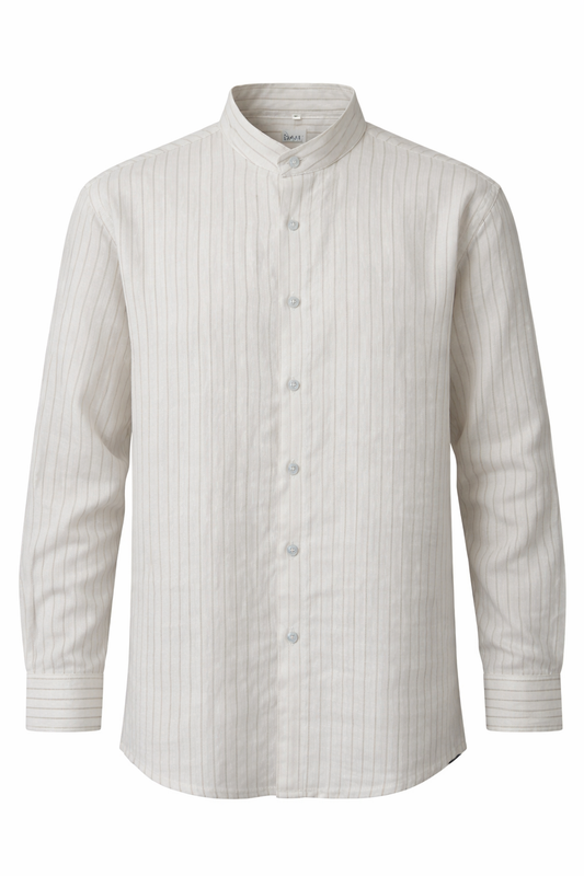 Men's Linen Shirt - Ivory Pinstripe Mandarin