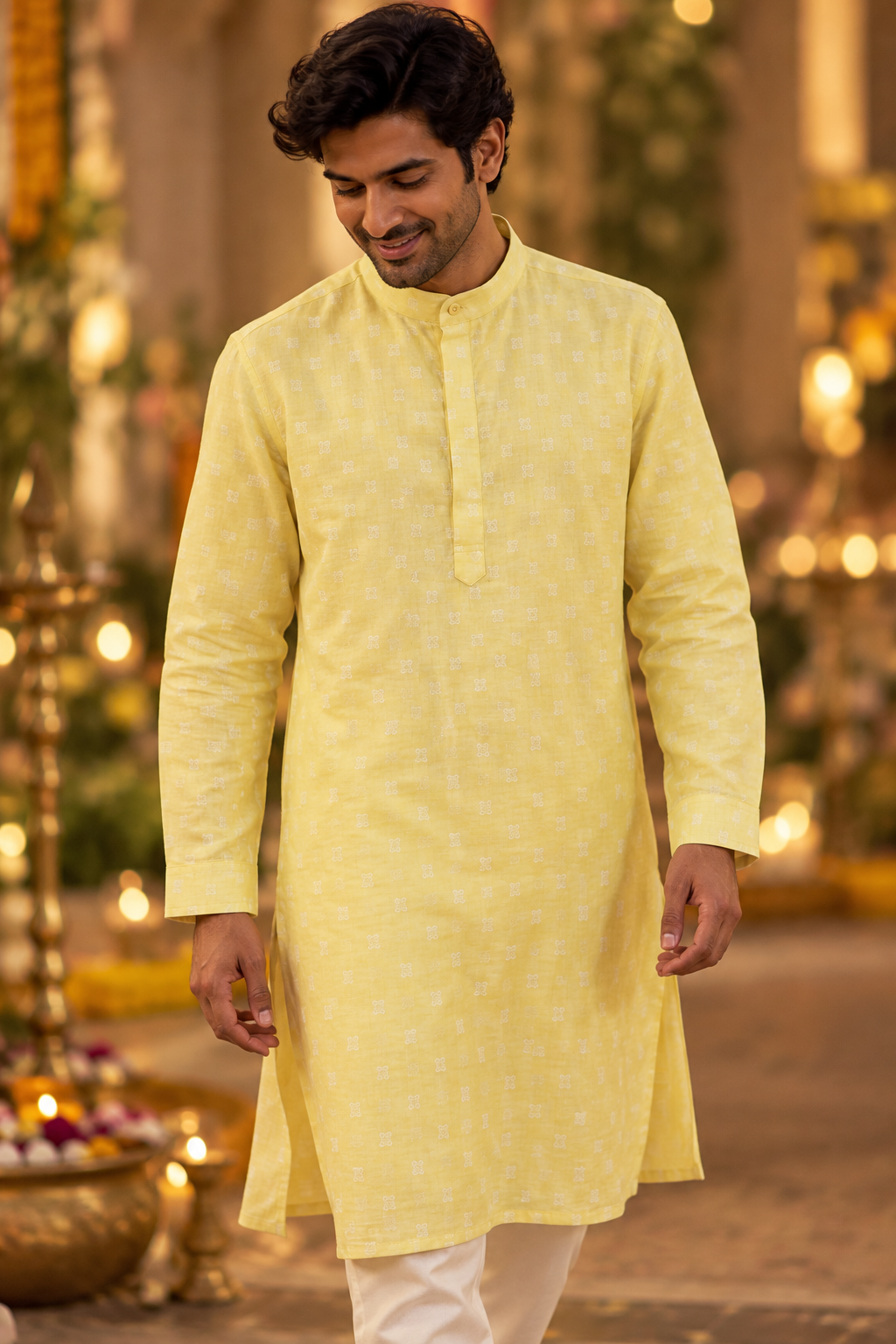 KWIT Pure Linen Kurta - Sunshine Yellow Self-Jacquard