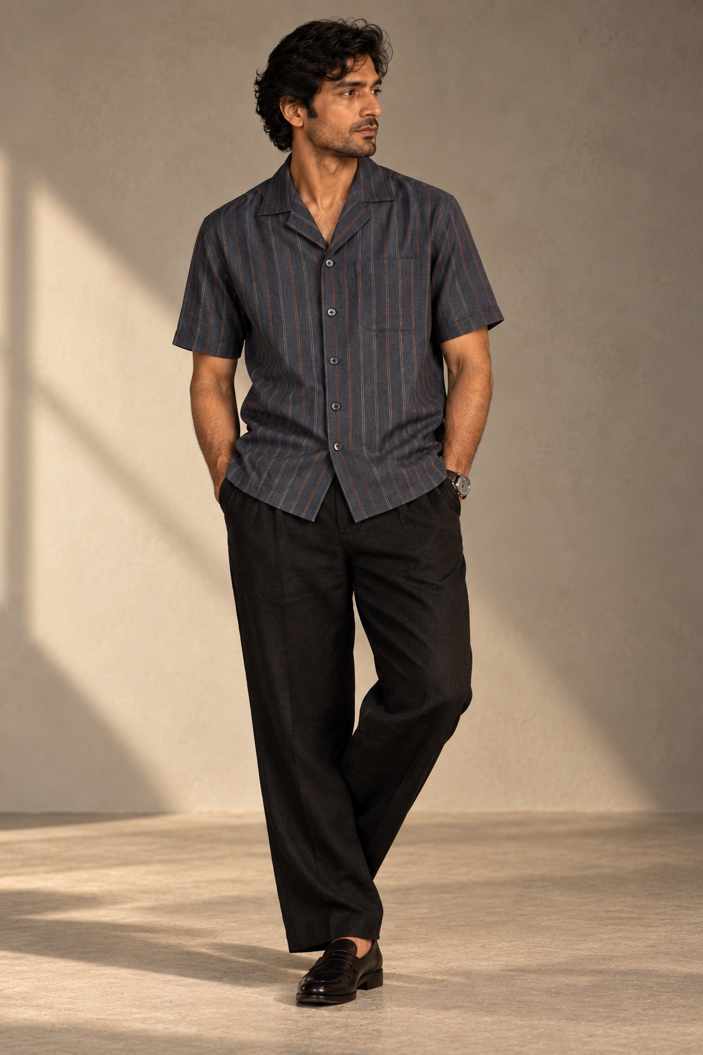 KWIT Mixed Linen Shirt - Slate Black with Fine Stripes