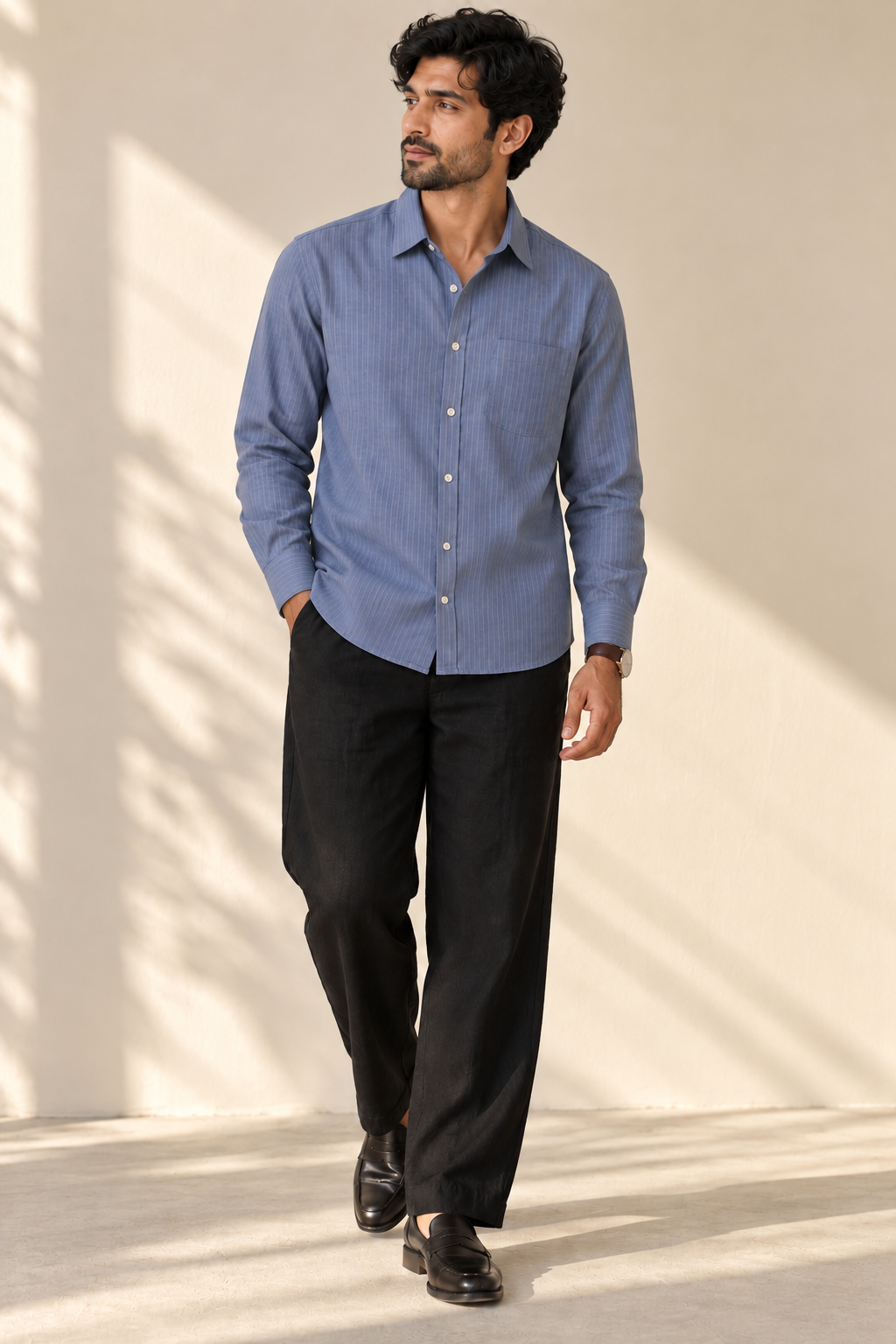KWIT Mixed Linen Shirt - Blue Grey (Pinstripe)