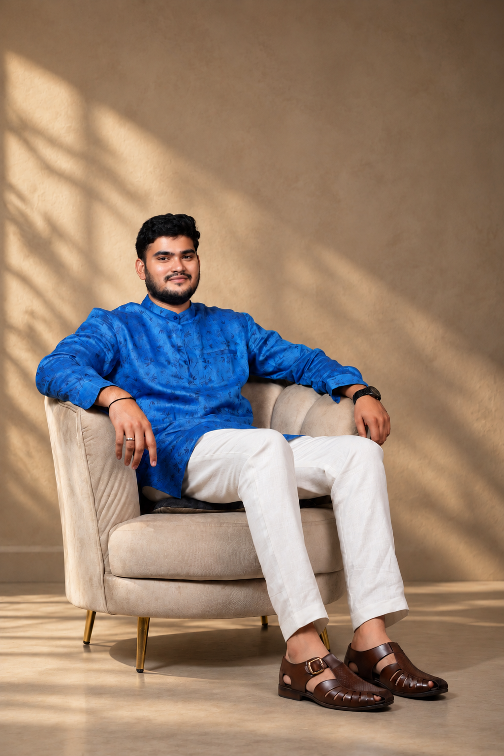 KWIT Pure Linen Kurta - Cobalt Blue Jacquard