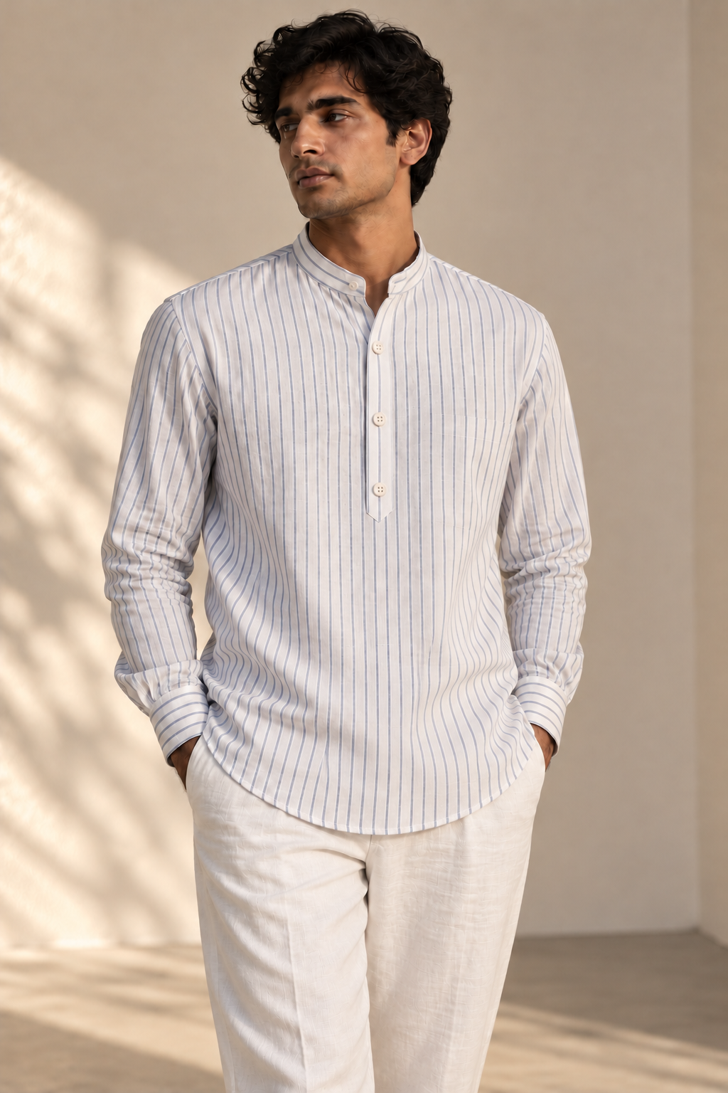 KWIT Mixed Linen Shirt- White with Blue Pinstripes