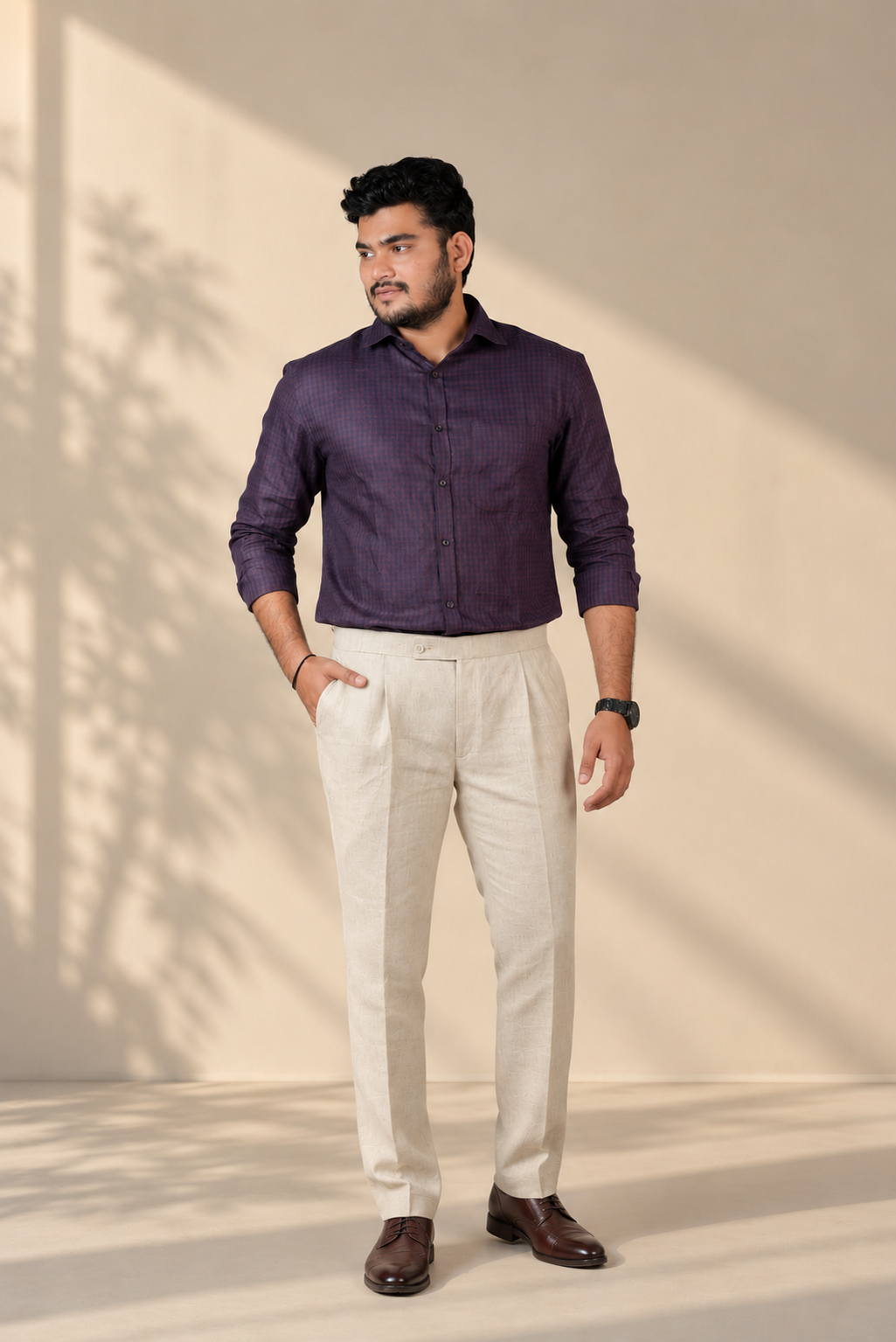 KWIT Pure Linen Shirt - Midnight Plum Micro-check