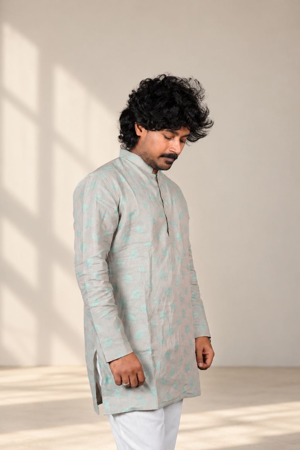 KWIT Pure Linen Kurta - Light grey and Mint Green Jacquard